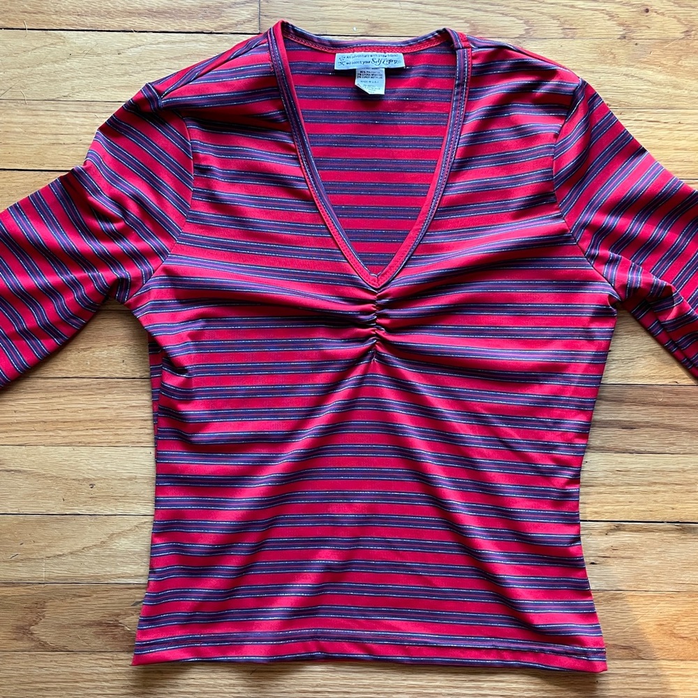 Vintage Y2K Self Esteem Red Blue Silver Striped three Quarters Length Sleeve Top